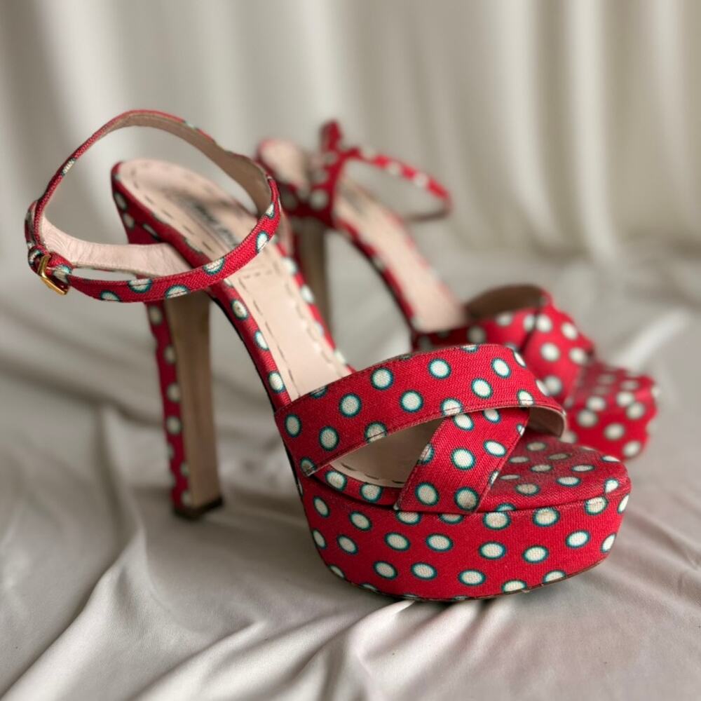 Miu Miu Polka-Dot Canvas Platform Sandals - 2010 SS Collection, EU 37/US 7 - Picture 3 of 15
